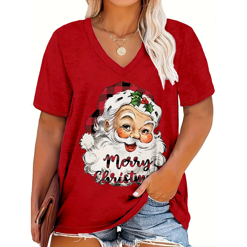 Women\'s Cartoon Santa Claus Print Tops Christmas T Shirts Tees Short Sleeve V-Neck Casual Party Clothing Oversized Ladies Tops