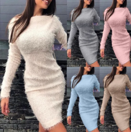 Women's Sexy Sweater Dress Delicate Solid Color Autumn Winter Fleece Fashionable Personality Long Sleeves Streetwear Robe Femme