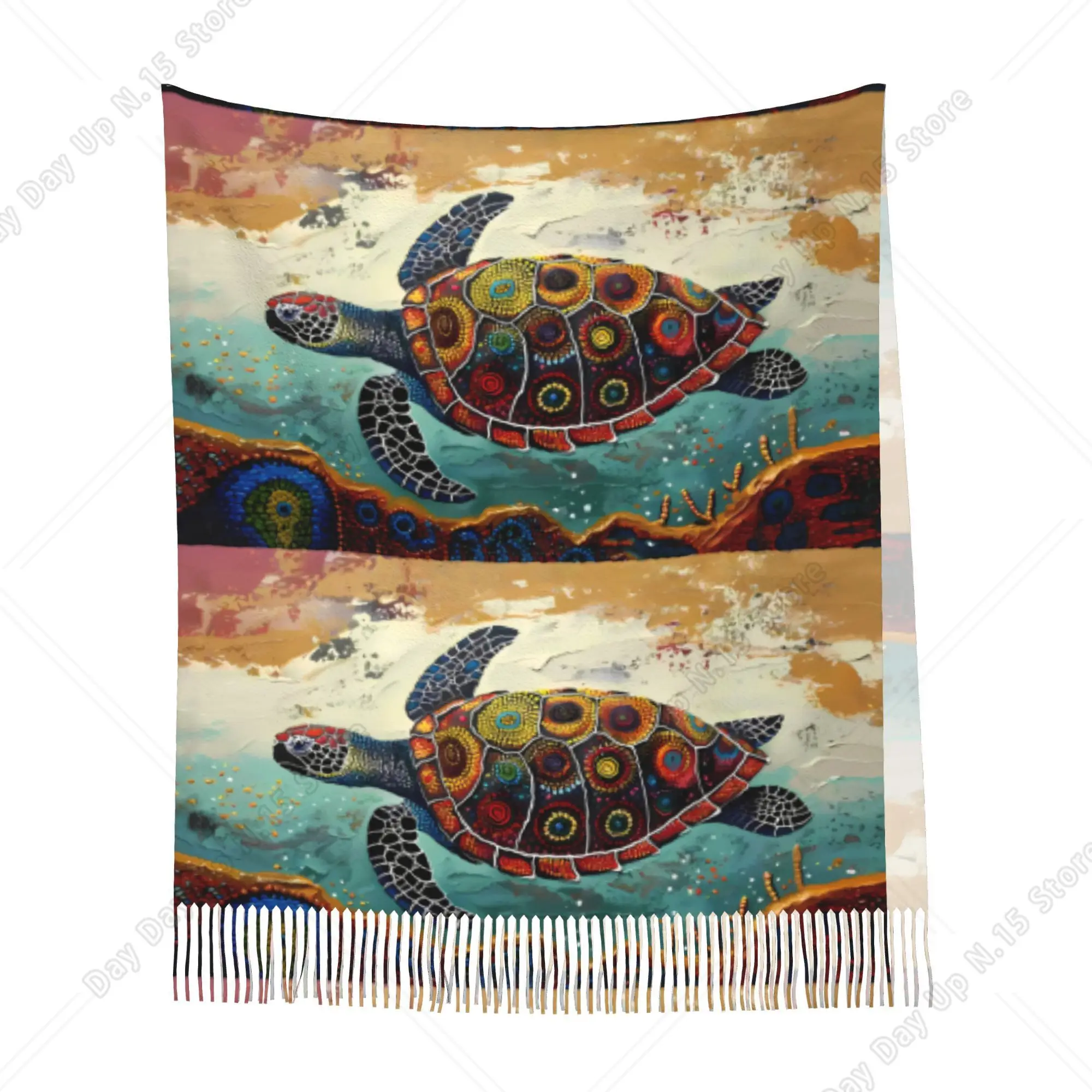 Title: Colorful Mandala Turtle Print Tassel Wrap Retro Ocean Art Decorative Scarf