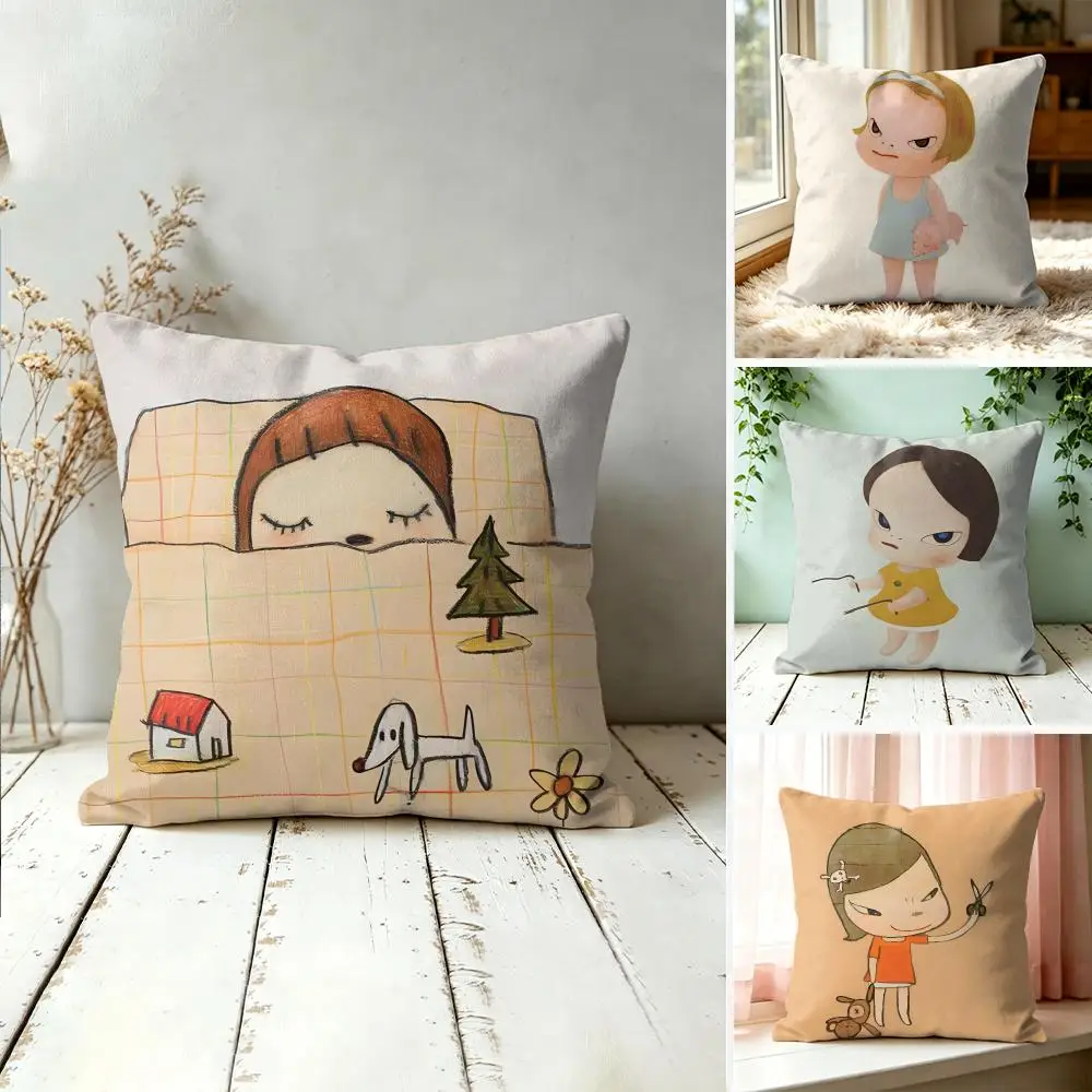 Y-Yoshitomo Nara Art Cushion Cover Square Decorative Throw Pillow 40x40cm For Sofa Bedroom Living Room Home Decor