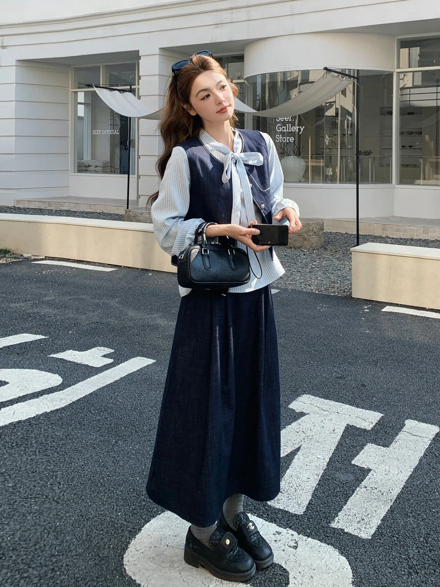 

Fashionable Korean Style Vest Skirt Set Women's Spring 2026 New Knot Striped Shirt Three Piece Set High Waist Casua...