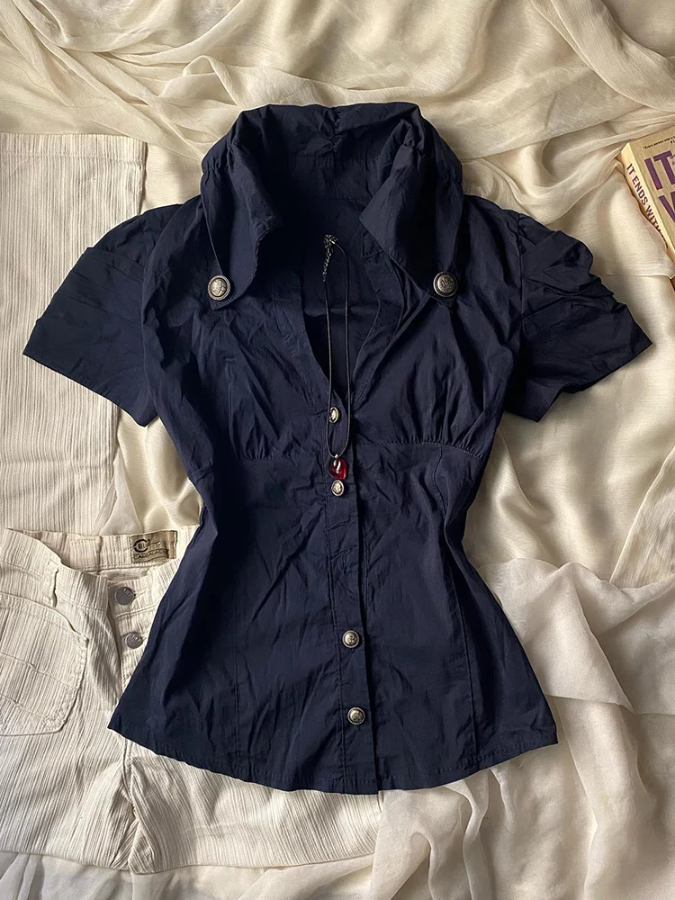 Slimming Blue Vintage irt Original Design Cotton Blend ort Sve  Ne Regular Fit Commute Sle for Young Women