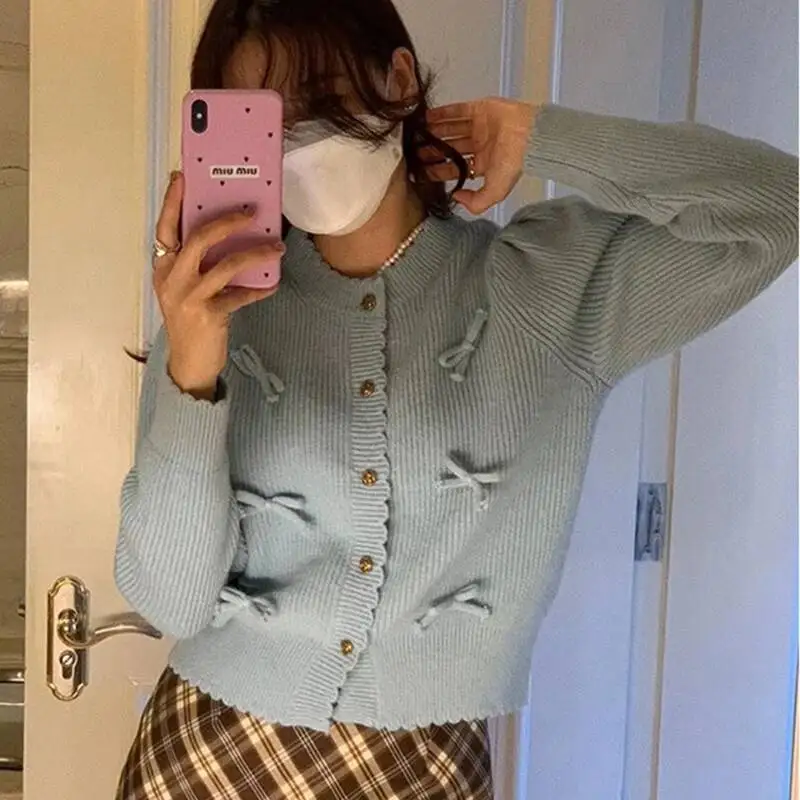 

Милый свитер с бантом и круглым вырезом, пальто, женский осенний однобортный вязаный кардиган с длинными рукавами, однотонные повседневные удобные топы