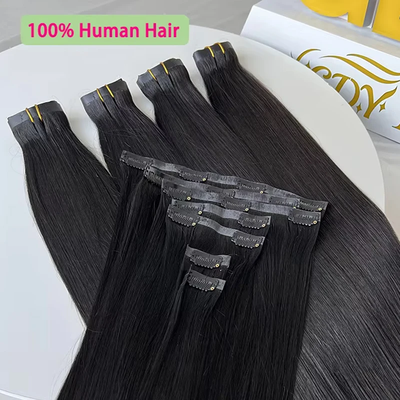 7Pcs/Set Seamless Clip Ins Straight Human Hair 100％ Raw Unprocessed Human Hair Extensions PU Weft Hair Extension Full Head 100g