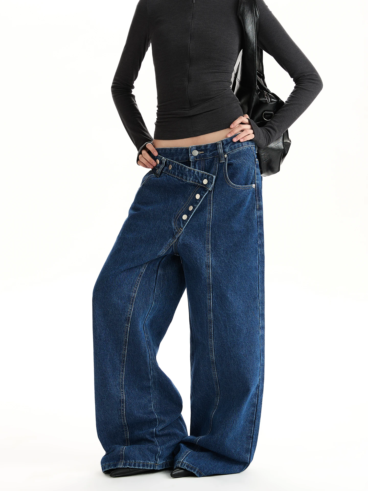 

VAT Retro Street Sle Loose Straight Leg Jeans Women's Button Asymmetrical Design Casual Cotton Denim Slimming Pants