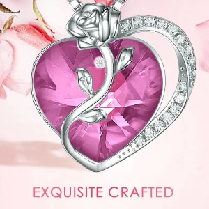 Sun Star Fashion's Heart Shaped Crystal Zircon Rose Pendant Necklace Pure 925 Silver with White Gold Plating for Weddings