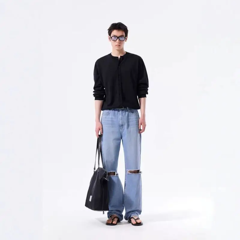 Matin Kim Korean Niche Streetwear Brand Letter Jacquard Knit Cardigan Unisex Oversized Crew Neck Sweater Outerwear