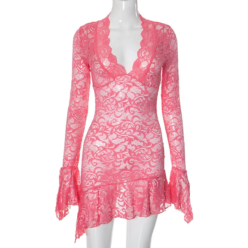 ملابس نسائية أوروبية وأمريكية بقصة ضيقة بلون سادة وياقة مجوفة وأكمام واسعة فستان قصير #5