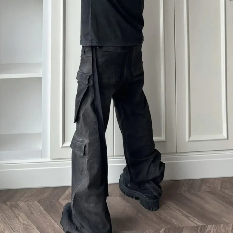 HKSH Spring Autumn Men Tide RO Style Washed Gradient Pocket Cargo Pants Straight Casual Drawstring Wide-Leg Flared Jeans HK19810