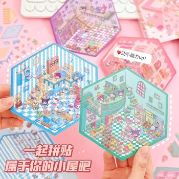 4 stks/partij Cartoon 3D Sanrio Cinnamoroll Kuromi My Melody Pochacco Miniatuur Scène Landschapsarchitectuur Stickers Visuele Stapelen Stickers