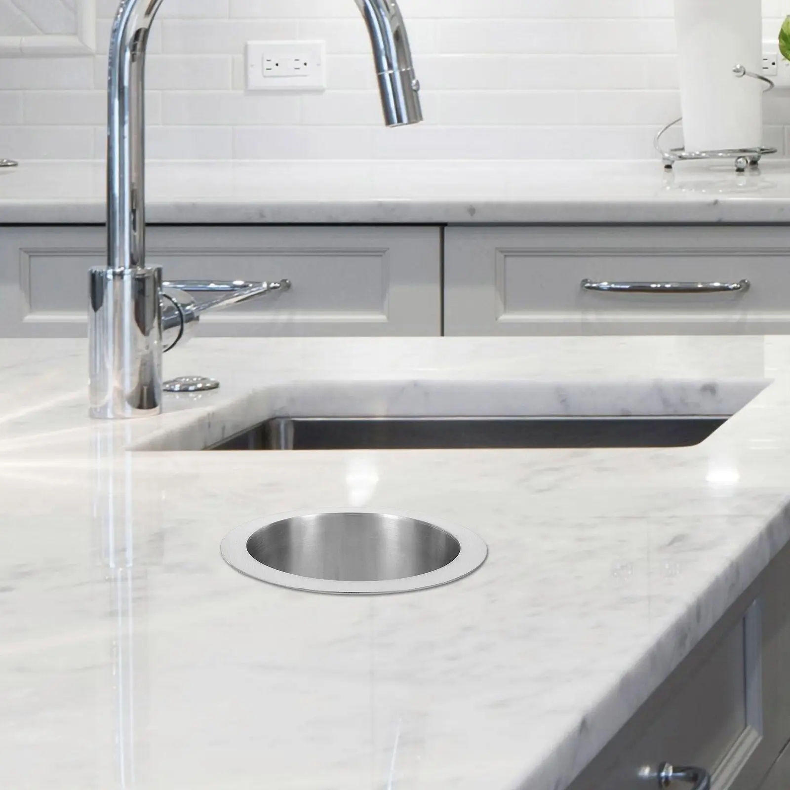 

Sleek Stainless Steel Round Trash Chute Grommet Embedded Counter Waste Disposal Ring Space Saving Drop-in Garbage Can Accessory