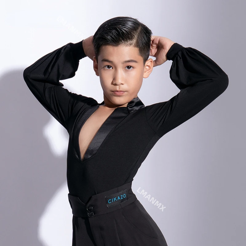 New Kids Boy Latin Dance Costumes Children Long Sleeve V-Neck Ballroom Dance Training Clothes Cha Cha Rumba Dancewear G