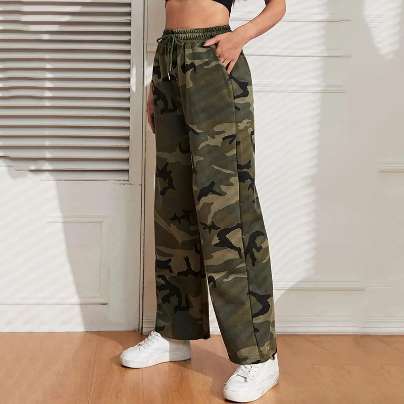 Lucyever Camouflage Farbe gerade Hosen Frau Vintage hohe Taille Kordel zug weites Bein Hose weibliche Streetwear Freizeit hose