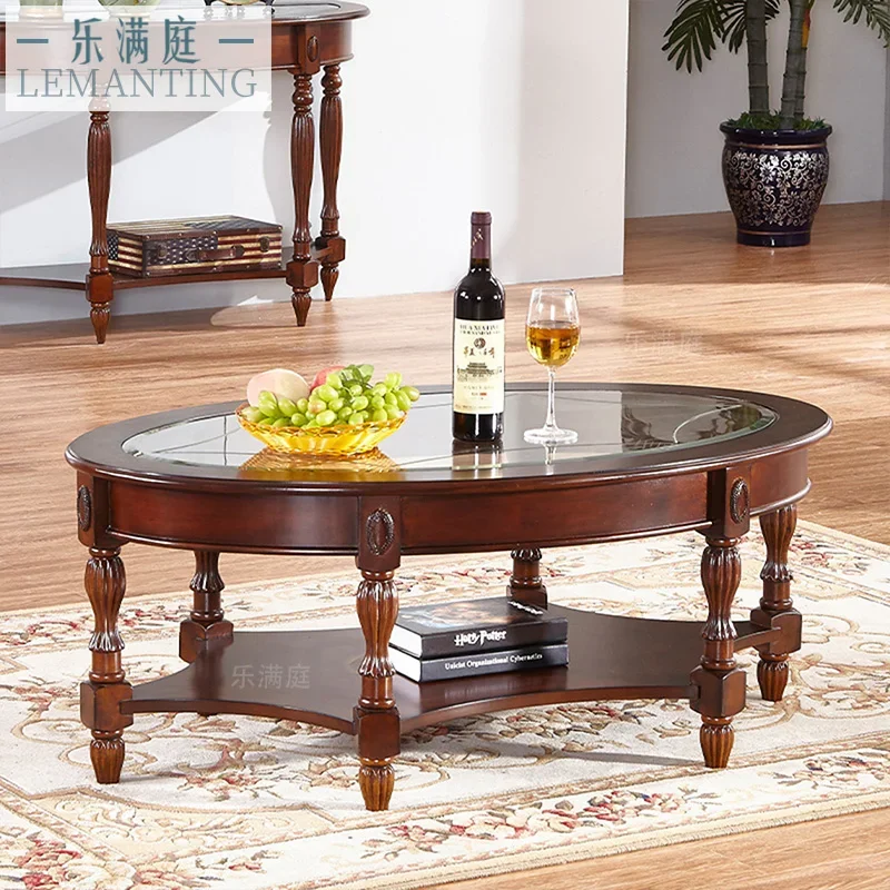

American European oval solid wood coffee table, small round table in the living room