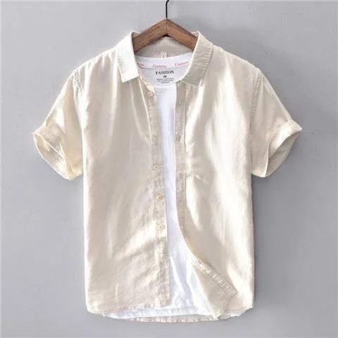 

Men's Casual Linen Shirt Short Sleeve Thin Collar Cotton Linen Material Breathable White Shirt Summer Lightweight Loose Fit