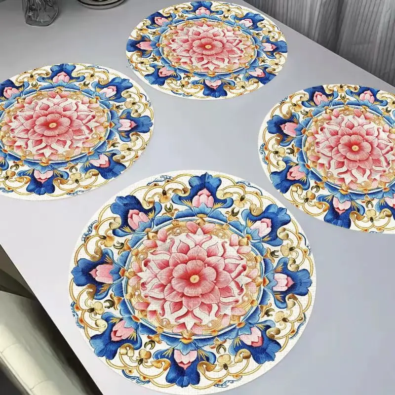VIKAMA China-Chic Vintage Peony Round Linen Mat Heat Insulation Washable Wear resistant Table Mat Table Decoration