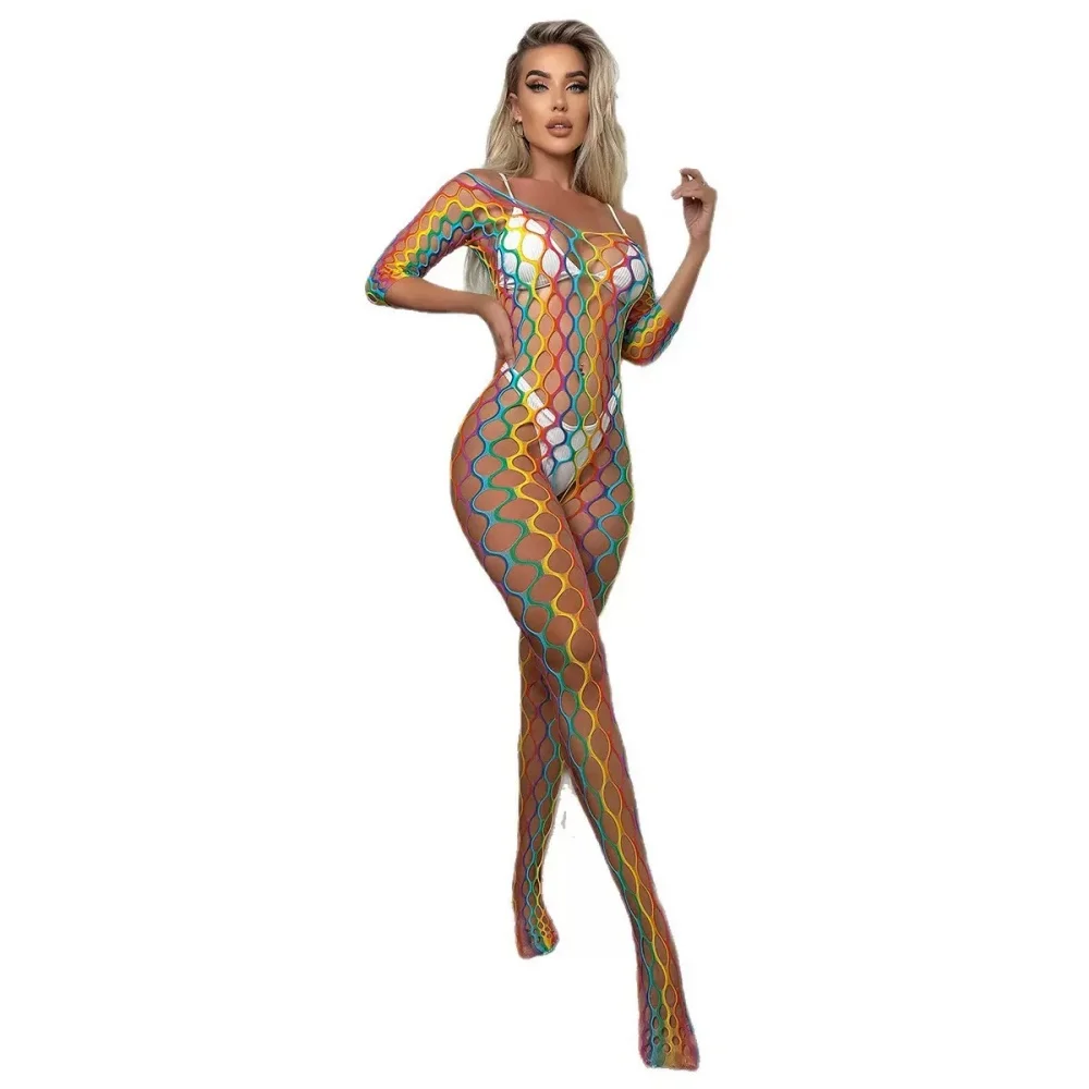 Body de rejilla arcoíris sexy para mujer - Lencería transparente de manga larga, entrepierna abierta, ropa de club erótica de malla