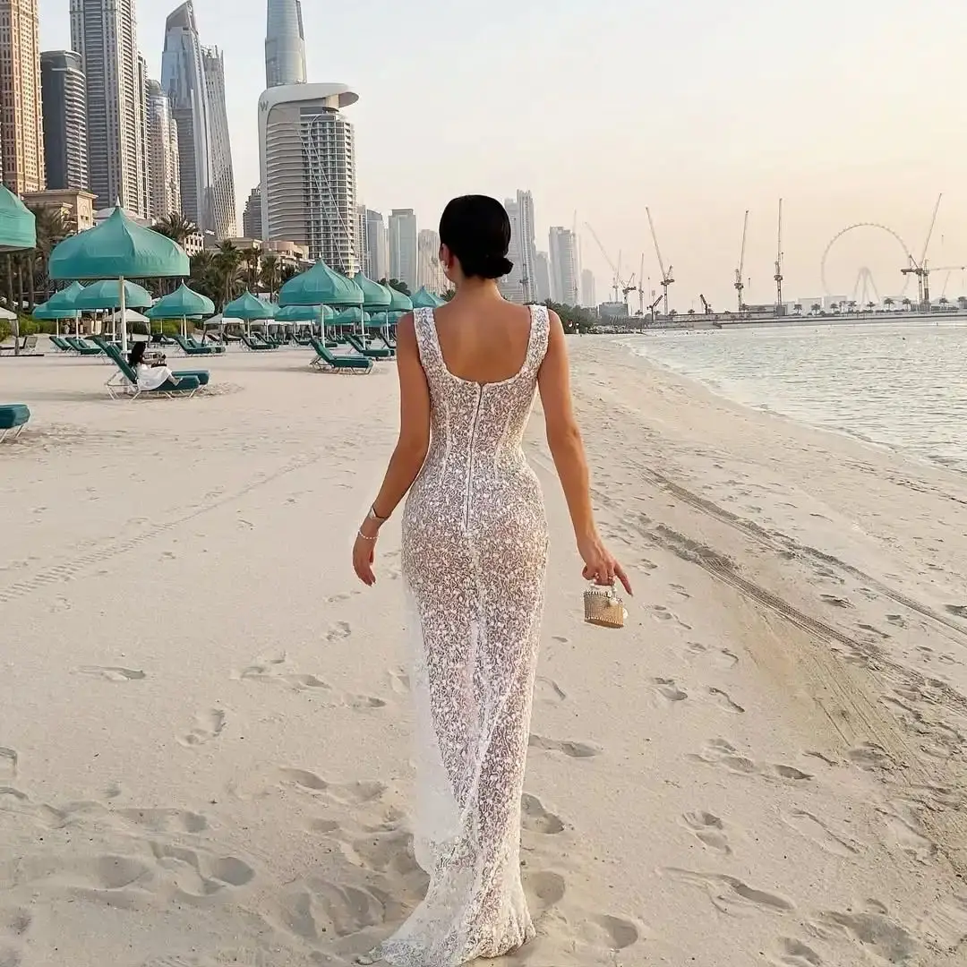 Ofherown-Vestidos de Noche sexis con abertura transparente para mujer, vestido de Noche ajustado con cuello cuadrado y espalda descubierta sin mangas, Vestidos de Noche personalizados