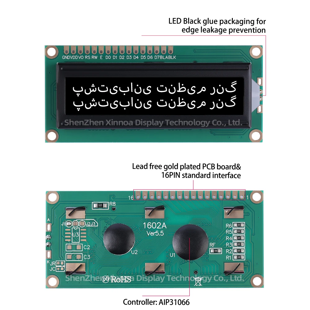 شاشة LCD ذات طابع فارسي ، فيلم أسود BTN ، أزرق جليدي ، حرف مصفوفة نقطة 16X2 ، متعدد اللغات ، * من من من من من من من ؟ ؟ ، 1602A