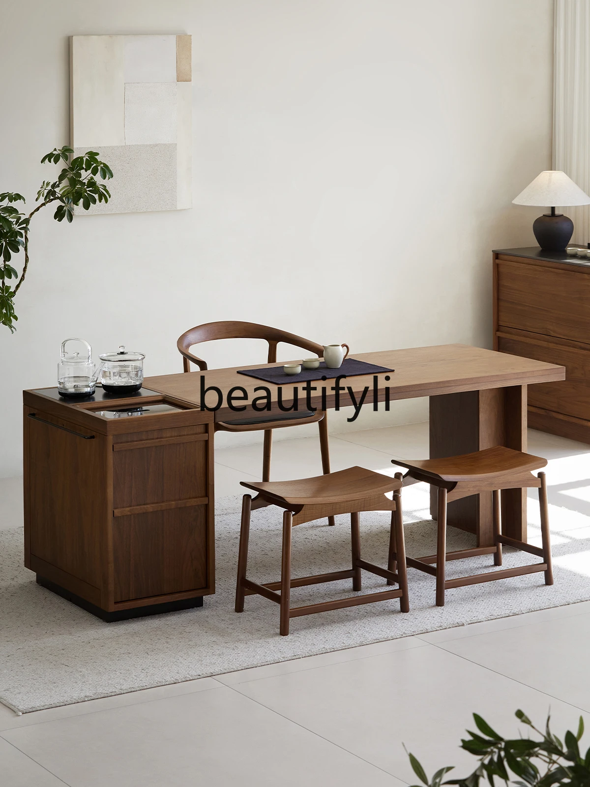 

Black walnut tea table New Chinese home living room Solid wood dining table Desk Large board office Tea table
