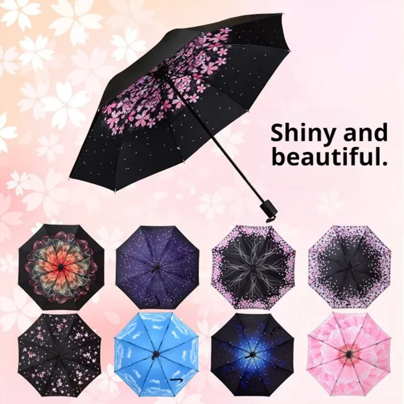 Multi-pattern outdoor automatic sun umbrella dual-use sun and rain triple fold sunblock umbrella for rainy days folding umbrella