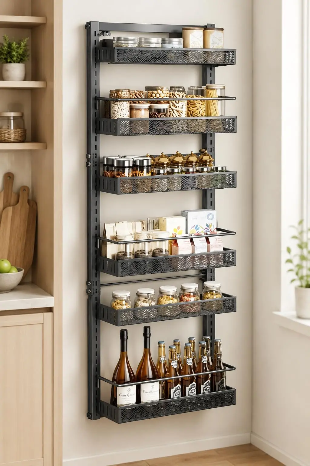 6-Tier Heavy Duty Over-the-Door Pantry Organizer Rack – Adjustable Metal Storage Shelf with Removable Baskets – Wall Mounted or Hanging Space-Saving Kitchen Organizer for Spices and Cans