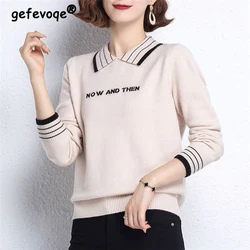 Women Trendy Letter Vintage Elegant Knitwear Autumn and Winter Korean Long Sleeve Kintted Sweater Female All Match Pullover Tops