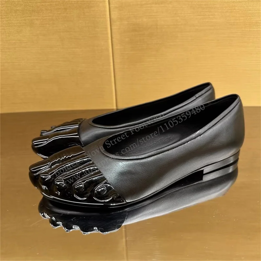 

Черные кожаные балетки с металлическим носком, женские, с круглым носком, с раздельным носком, летние, новые, повседневные, без застежек, элегантные, удобные туфли