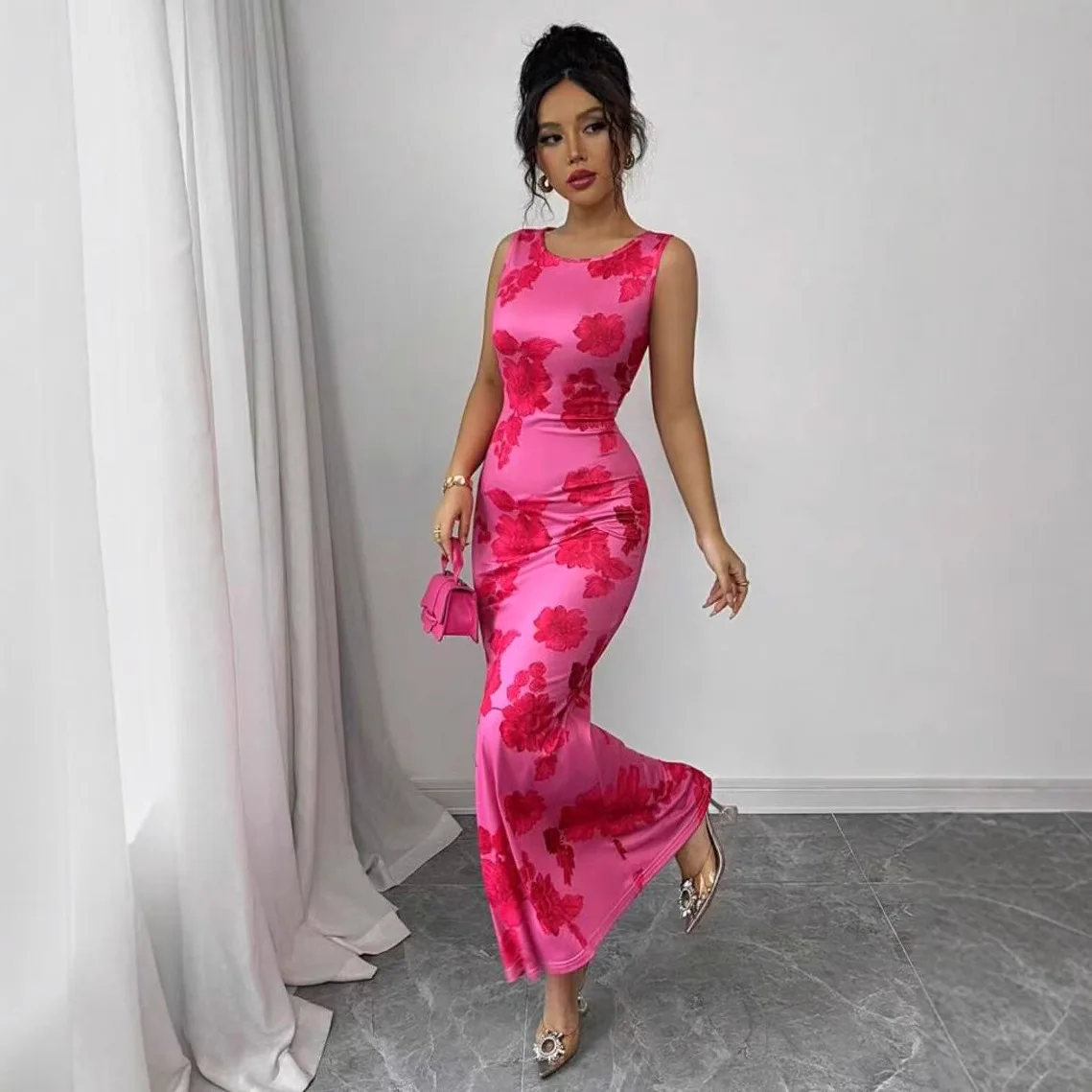 Three Sisters Summer New Fashion Luxury Sexy Holiday Party Prom Woman Clothing Print Sleeveless Round Neck Red Long Dress 2025