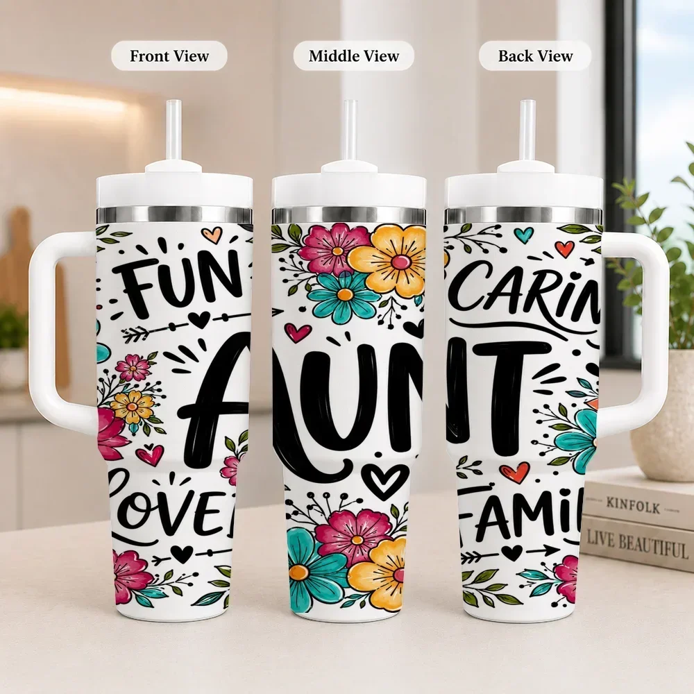 Floral Family Member Quote Art Vacuum Flasks 40oz Leakproof Steel Tumbler w/ Lid Straw Handle Hot Cold Drinksorders for other colors will be shipped randomly in black or white