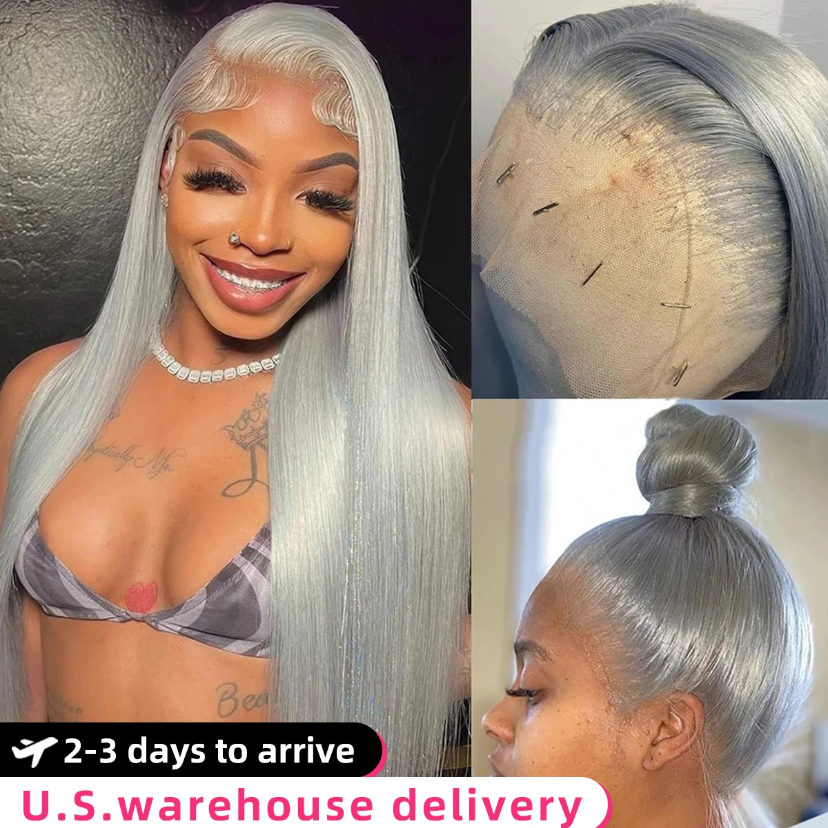 13x6 สีเทาเงินตรง HD โปร่งใสลูกไม้ด้านหน้าวิกผมมนุษย์ 36 นิ้ว Pre Plucked วิกผมด้านหน้าสําหรับผู้หญิงบราซิลผมวิกผม