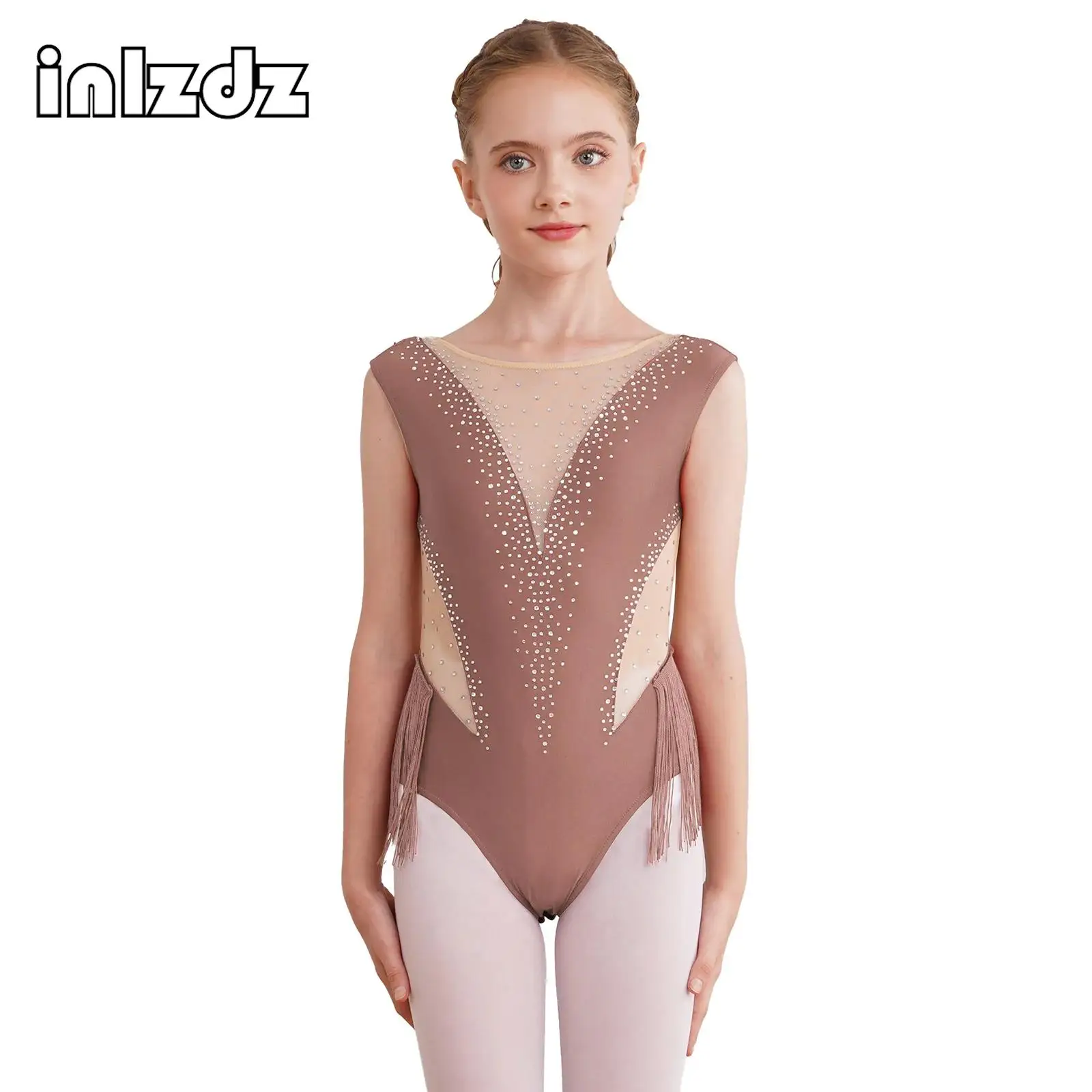 Kids Girls Sleeveless Ballet Dance Leotard Rhinestone Tassel Figure Skating Gymnastics Bodysuit Costume Latin Cha-Cha Dancewear