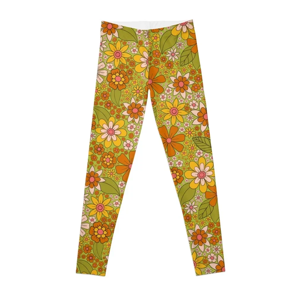 

1960s, 1970s Retro Floral in Green, Pink & Orange - Flower Power Leggings Women's fitness push up tights for Womens Leggings