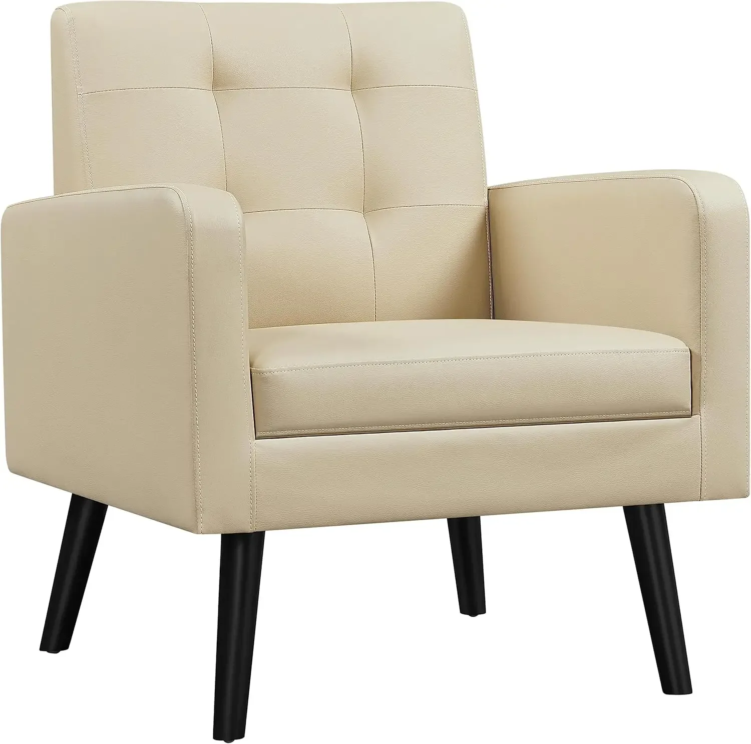 Mid-Century Accent Chairs, PU Leather Modern Upholstered Living Room Chair, Cozy Armchair Button Tufted Back and Wood