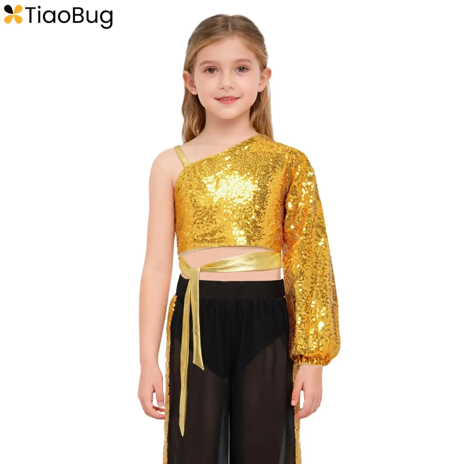 

Girls Lyrical Dance Top Shiny Sequins One Shoulder Long Sleeve Side Zipper Self-Tie Crop Top Jazz Latin Hip-hop Street Dancewear