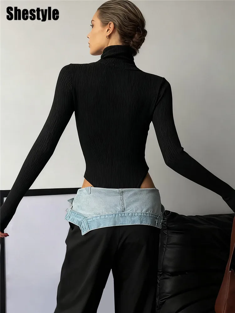 Shestyle body de gola alta de malha canelada para mulheres textura sólida elástica básica quente camiseta cintura alta tanga magro tecido topos