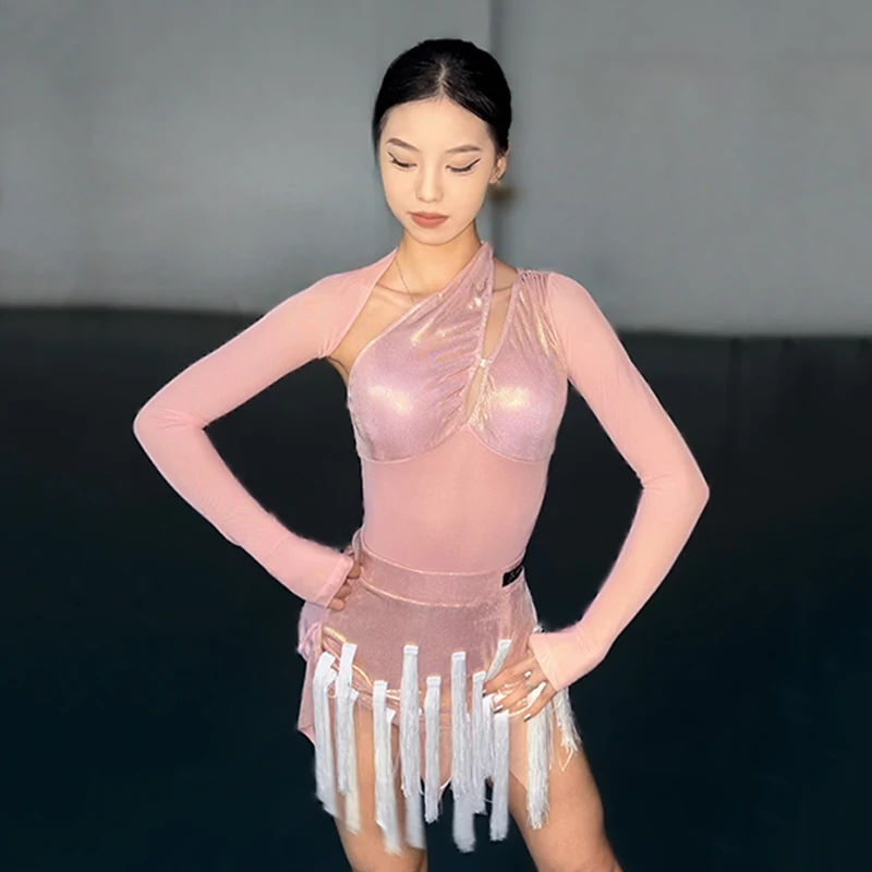 

Latin Dance Performance Clothes Women Pink Bodysuit Tassel Skirt Chacha Rumba Dance Competition Dresses Latin Dancewear SS2360