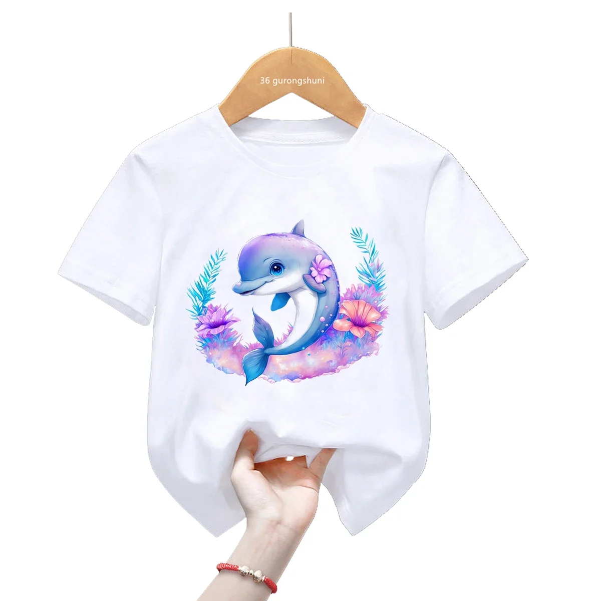 Summer Dolphin Flowers Animal Print T Shirt Girls/Boys Kawaii Whale Tshirt Kids Clothes Casual T-Shirt Children'S Clothing Tops