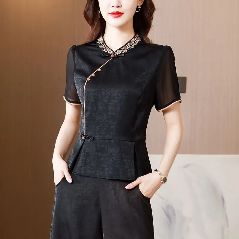 Cheongsam Women's Stand Collar Hanfu Tops 2023 Spring Blend Organza Embroidery Chinese Style Tang Costume Qipao Shirts Woman