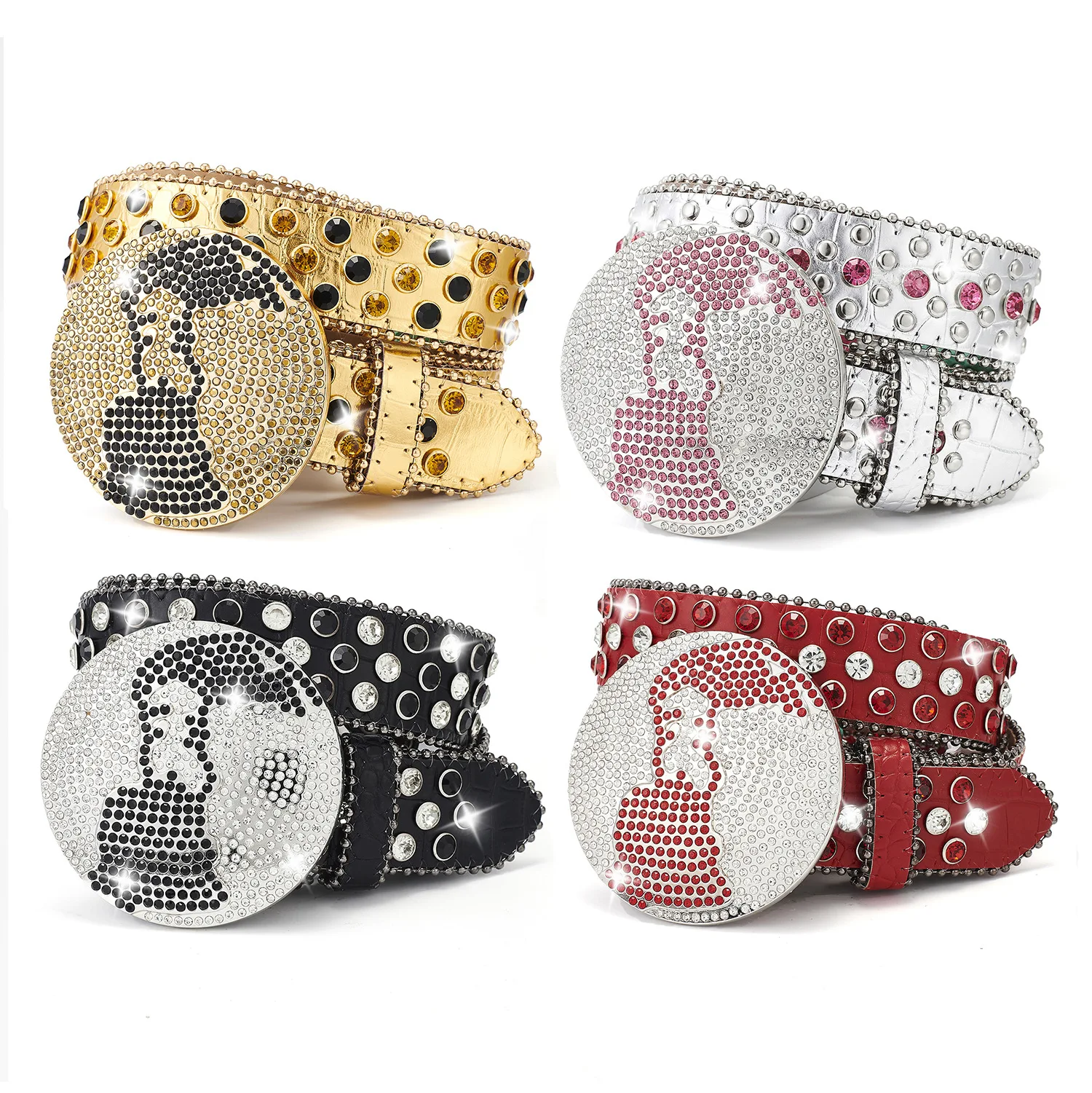 Original Design Rhinestone Circular Plate Buckle Adjustable Waist Belts for Women Luxury Punk PU Leather Rivet Jeans Belts 120CM