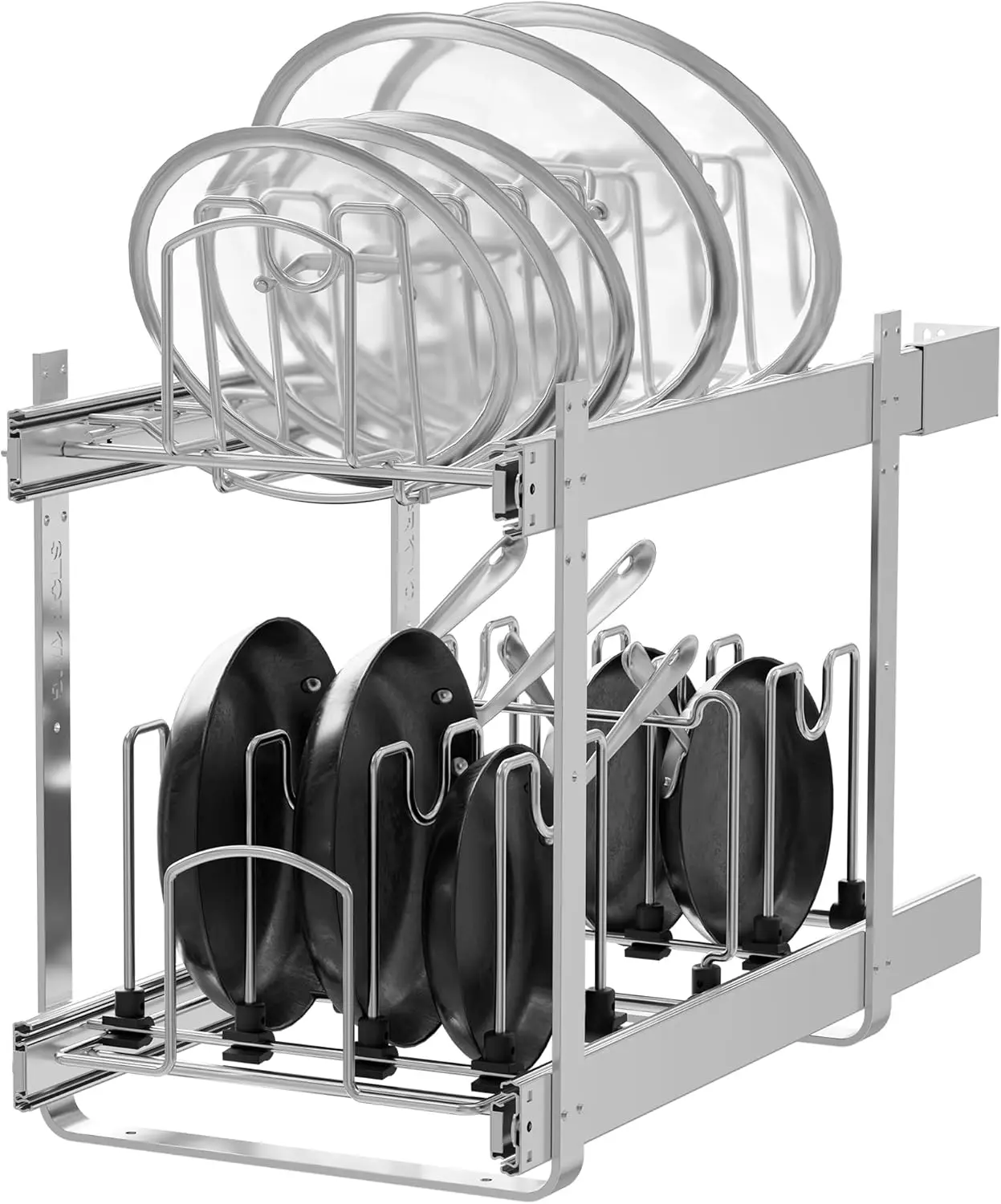 

2-Tier Kitchen Pull out Cabinet Organizer for Pots, Pans, and Lid Cookware, Adjustable Heavy Duty Wire Pan and Pot Rack