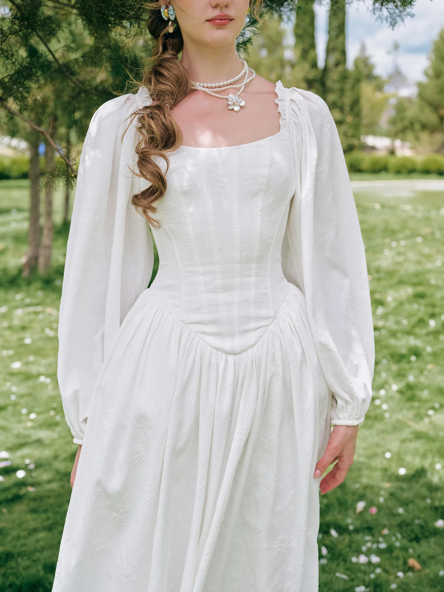 78-101cm Bust Spring Autumn White Long Dresses Women Vintage French Elegant Slimming Square Neck Lantern Sleeve Jacquard Dress