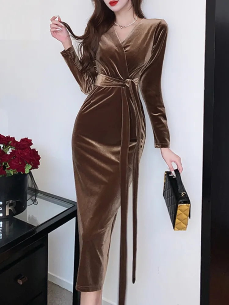 

Sexy Women Fashion Bodycon Elegant Velvet Dress Long Sleeve Casual Vintage Lace-up Party Dresses Female Autumn Clothes Robe