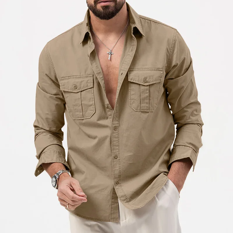 New Men Shirts Long Sleeve Casual Spring Summer Retro Work Multi-pocket Slim Social Business Casual Blouse Solid Color Shirt