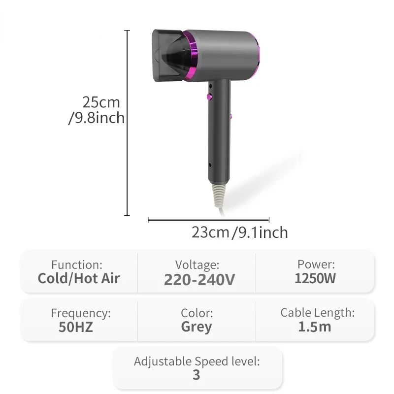 مجفف شعر كهربائي 1250 وات أيونات سالبة عالية السرعة، رعاية احترافية للشعر، ضوضاء منخفضة، حماية من الحرارة الزائدة، مريلة شعر 220-240 فولت