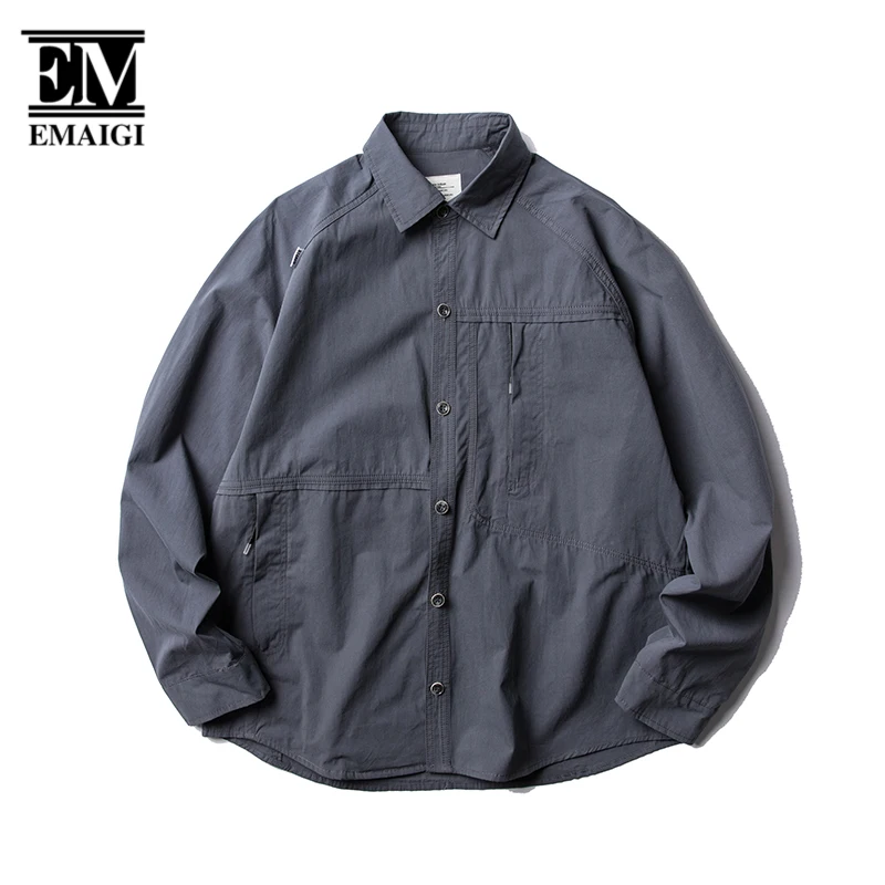 American Streetwear Fashion Boyfriend Work Shirt Men Outdoor Vintage Loose Casual Long Sleeve Cargo Shirts Male Cityboy Shirt