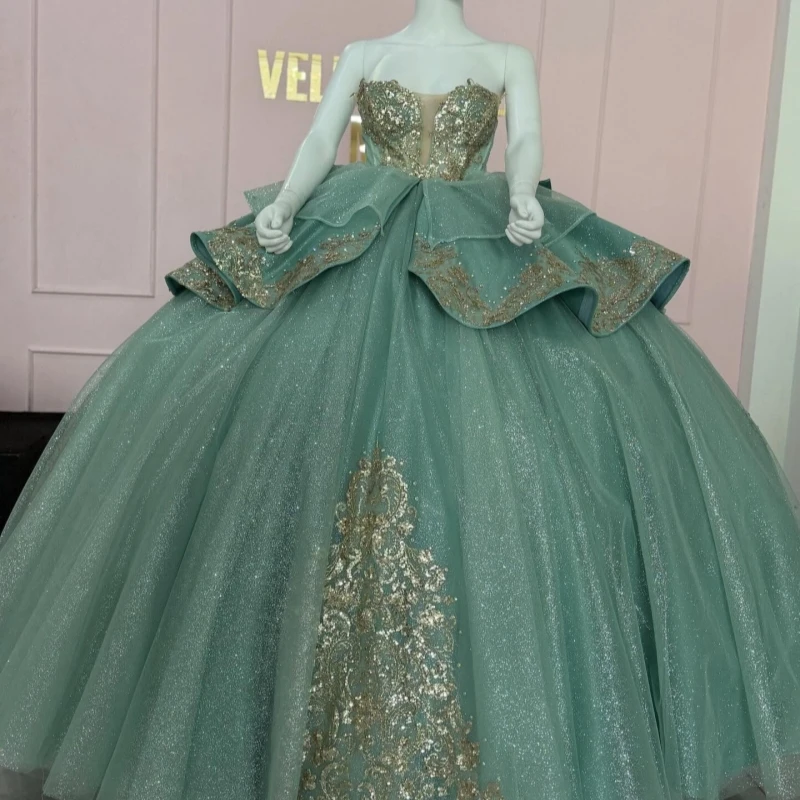 

Green Shiny Quinceanera Dresses Off The Shoulder Gold Applique Beading Crystal Tull Bow Party Birthday Sweet 16 Dress Vestidos