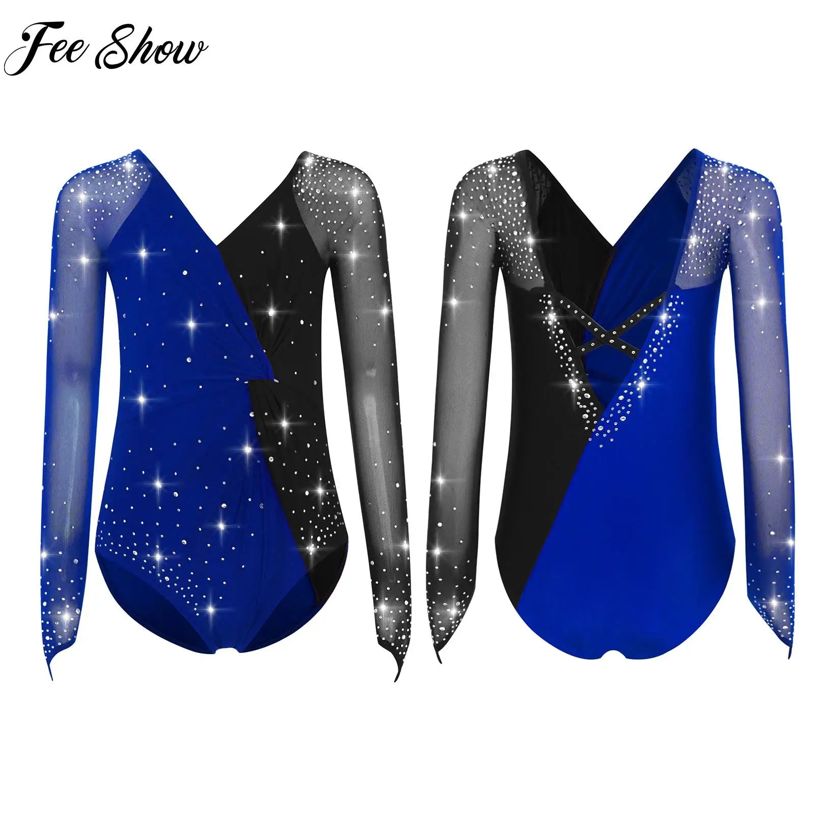

Kid Girl Long Sleeves Ballet Lyrical Dance Leotard Shiny Rhinestones Figure Skating Rhythmic Gymnastic Bodysuit Dress Dancewear