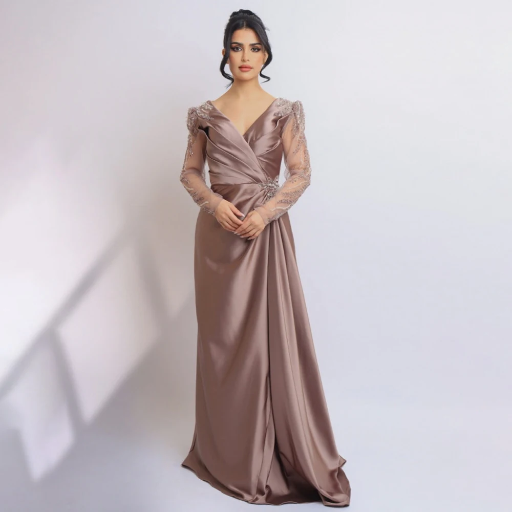 Elegant Evening Dresses Long Sleeves V Neck A Line Beading Luxury  Gowns for Women 2023 Satin Draped Wedding Guest Dress