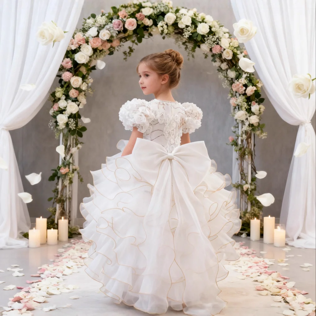 Elegant Girl puff sleeves Train Princess Dress Gorgeous pink Flower Wedding girl dress Christmas Communion Ball  Carnival Cake D